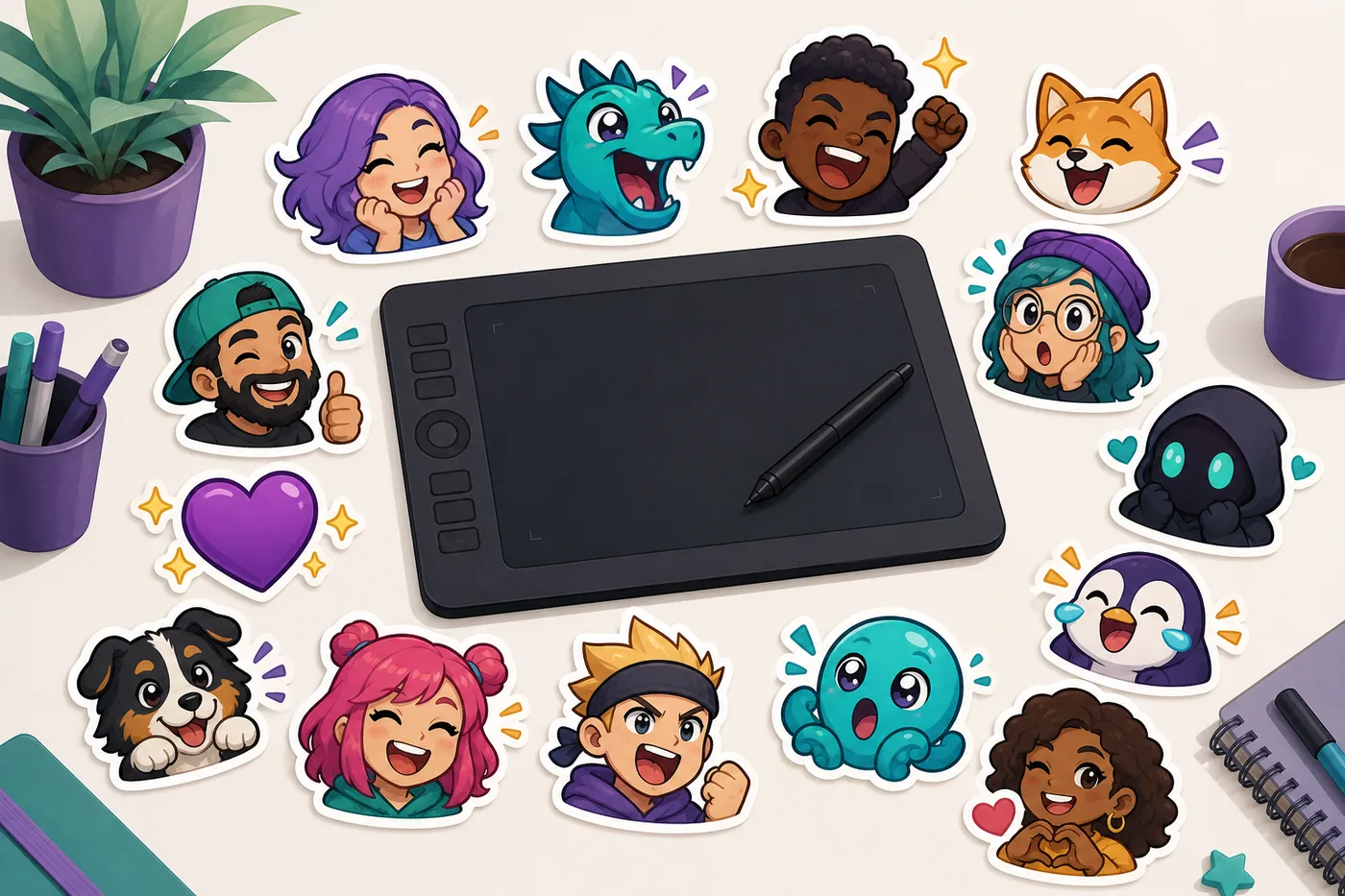 Original reaction emote stickers arranged around a creator drawing tablet