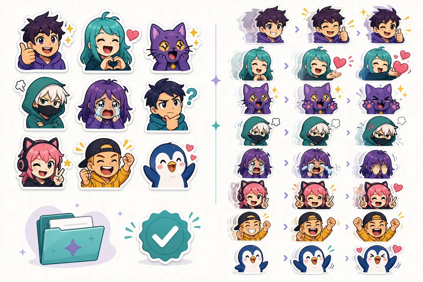 Comparison of static reaction emotes and simple three-frame animated reactions