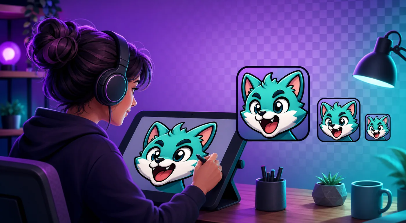 Artist creating a Twitch emote with three readable size previews