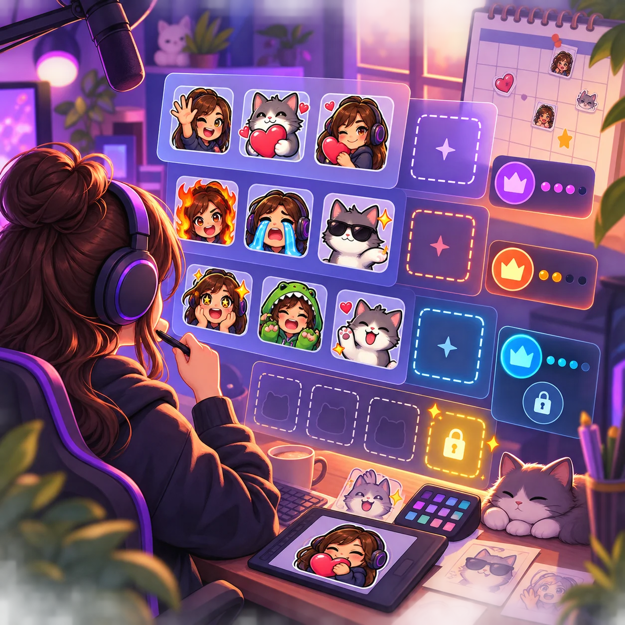 Streamer planning expressive emotes beside visual slot groups and creator access indicators