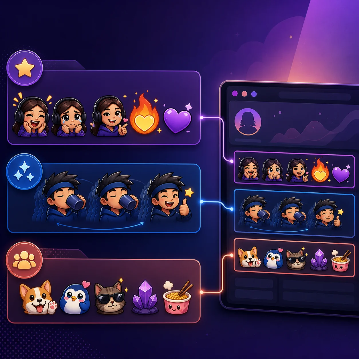 Editorial comparison of standard reactions, animated emote frames, and a community emote collection