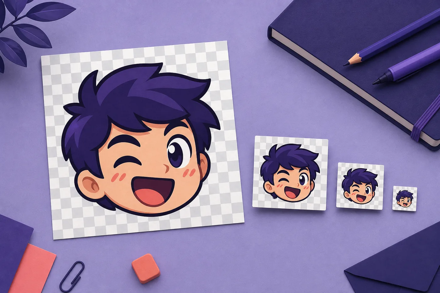 Illustrated Twitch emote artwork shown on transparent square previews at large, medium, and tiny sizes