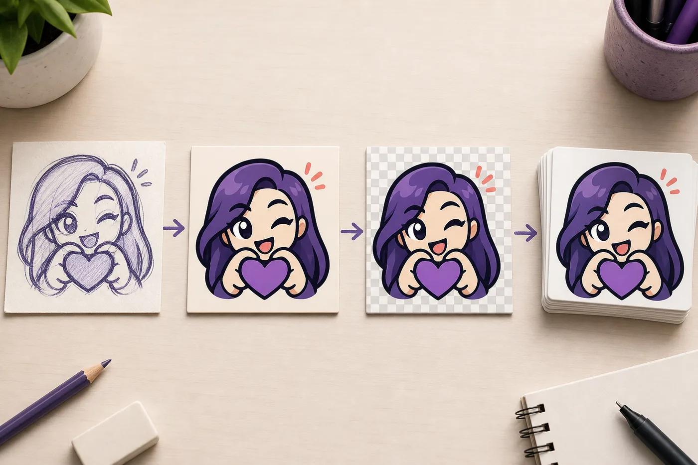 Editorial illustration showing a Twitch emote moving from sketch to simplified transparent artwork and export cards