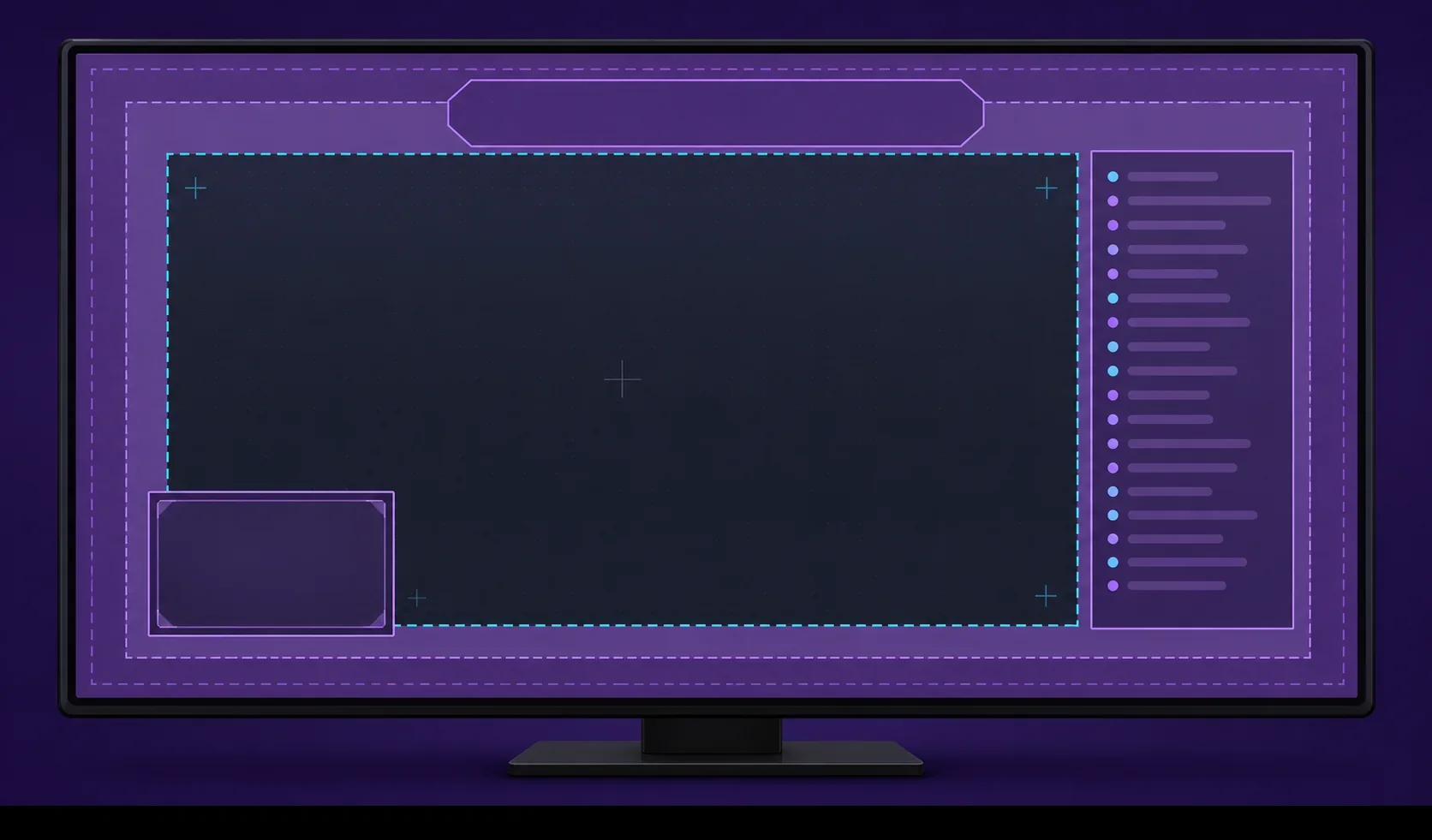 Diagram-style livestream overlay showing central gameplay, webcam, chat, and edge safe zones