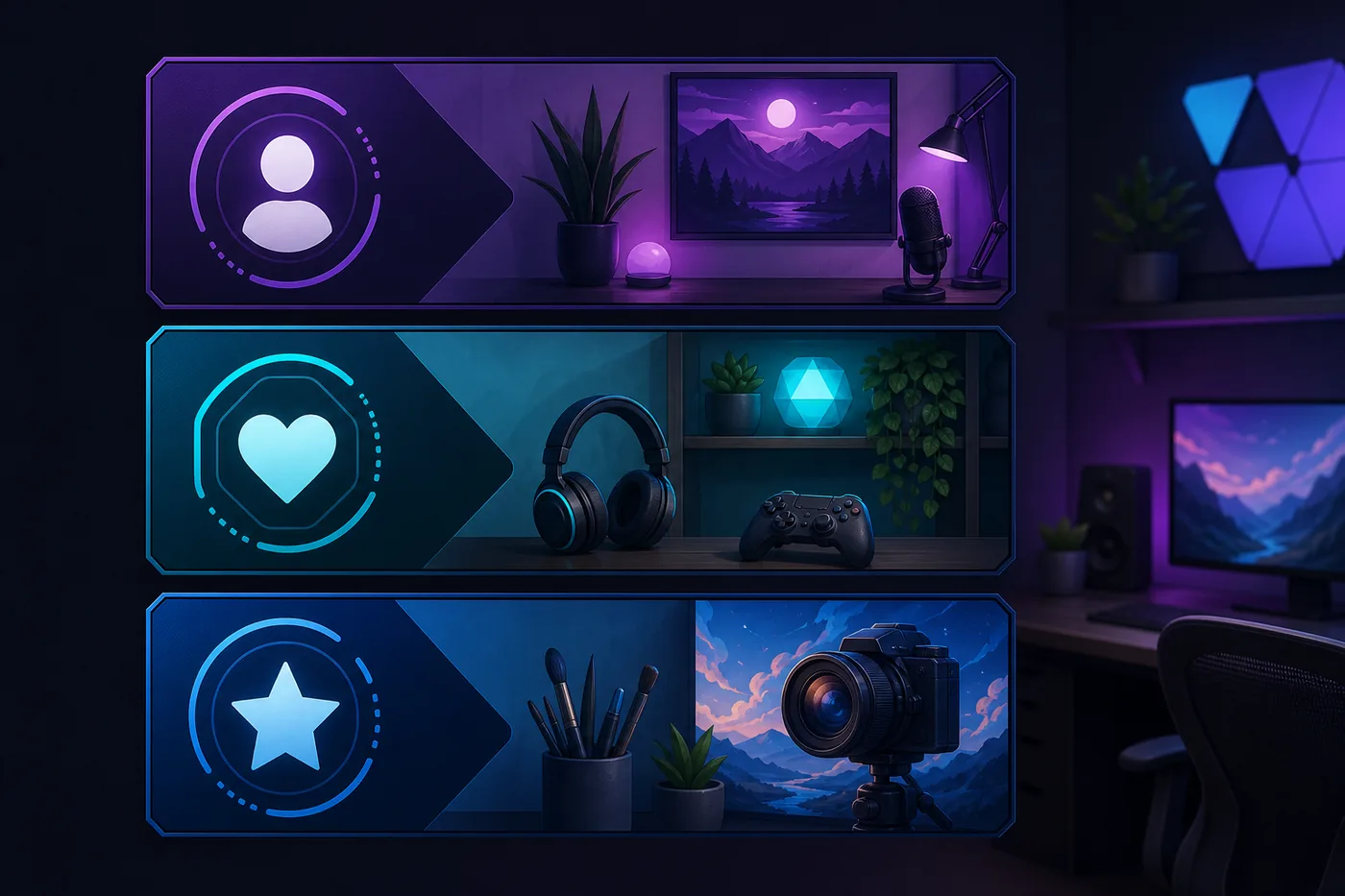 Three coordinated Twitch profile panel designs arranged in a creator workspace
