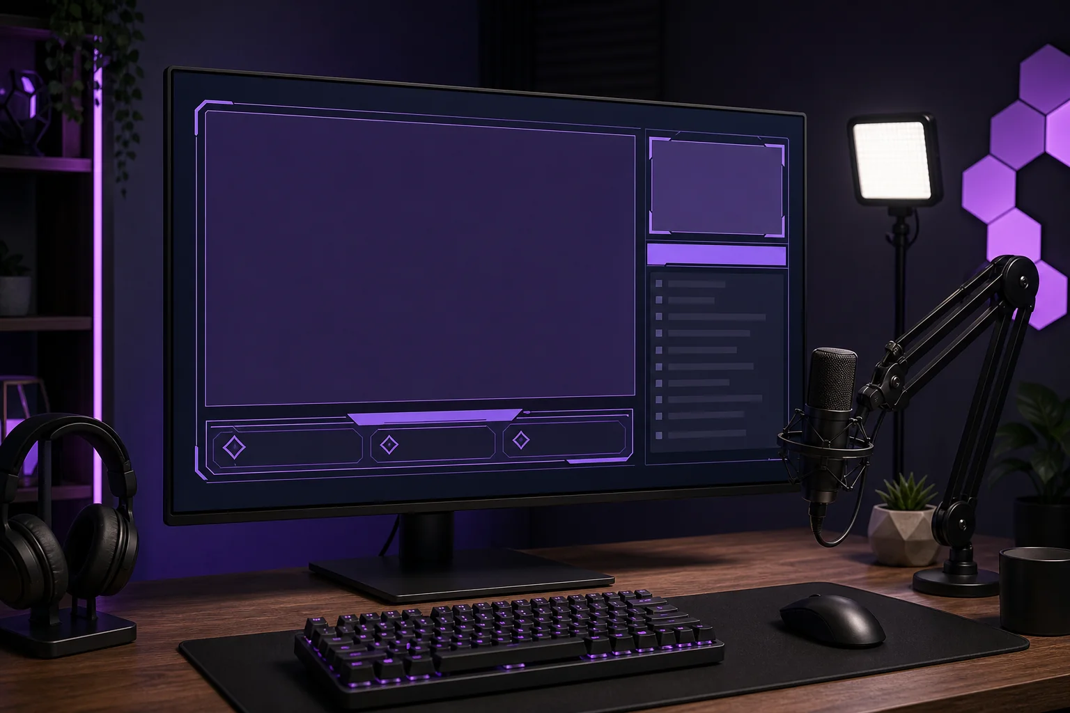 Purple streaming desk showing a clean Twitch overlay layout on a widescreen monitor